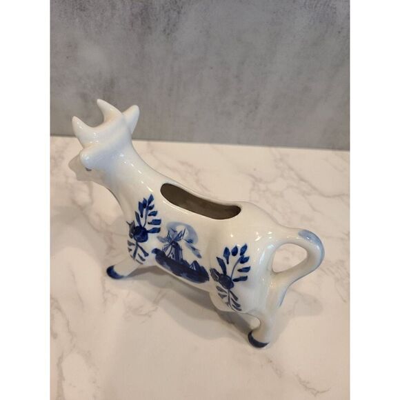 Blue Delft Cow Shaped Creamer Classic Blue & White Windmill & Floral Design 6" - Picture 7 of 8